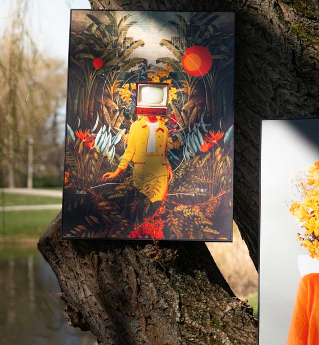 Kaksi surrealistista taulua puussa puistossa – vasemmalla: hahmo, jolla on televisio päänä trooppisessa maisemassa, oikealla: muotokuva, jossa kasvot on korvattu keltaisilla kukilla
